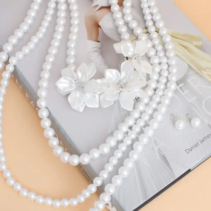 Pearl Necklace White Flower 4 Strand Set For Women