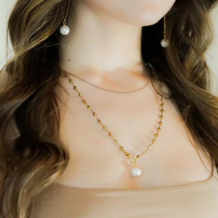 Rivet Chain Double Necklace with Big Pearl