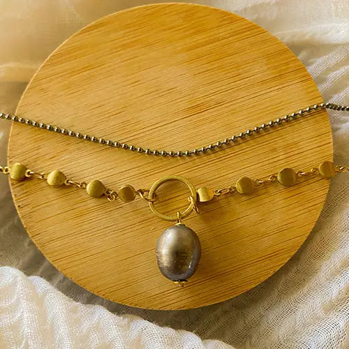 Rivet Chain Double Necklace with Big Pearl