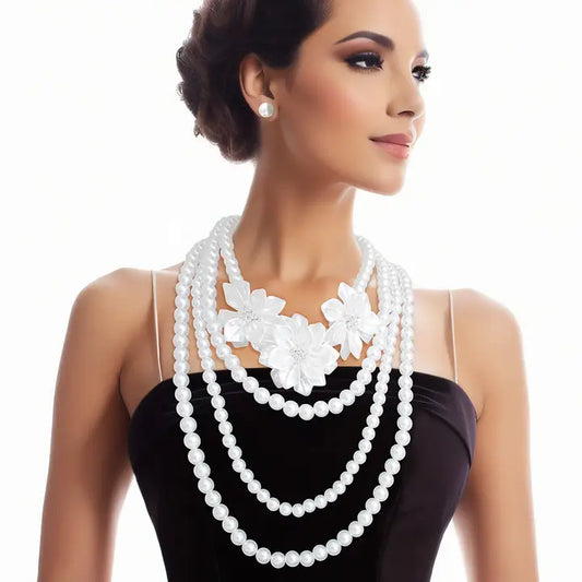 Pearl Necklace White Flower 4 Strand Set For Women
