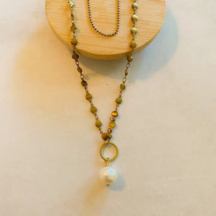 Rivet Chain Double Necklace with Big Pearl