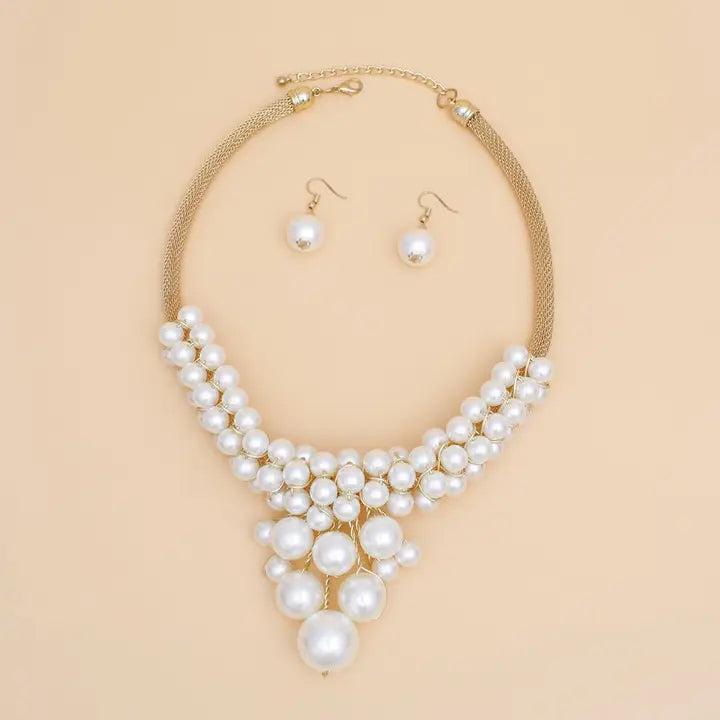 Necklace Cluster Pearl Gold Mesh Chain Set Women