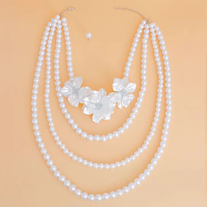 Pearl Necklace White Flower 4 Strand Set For Women